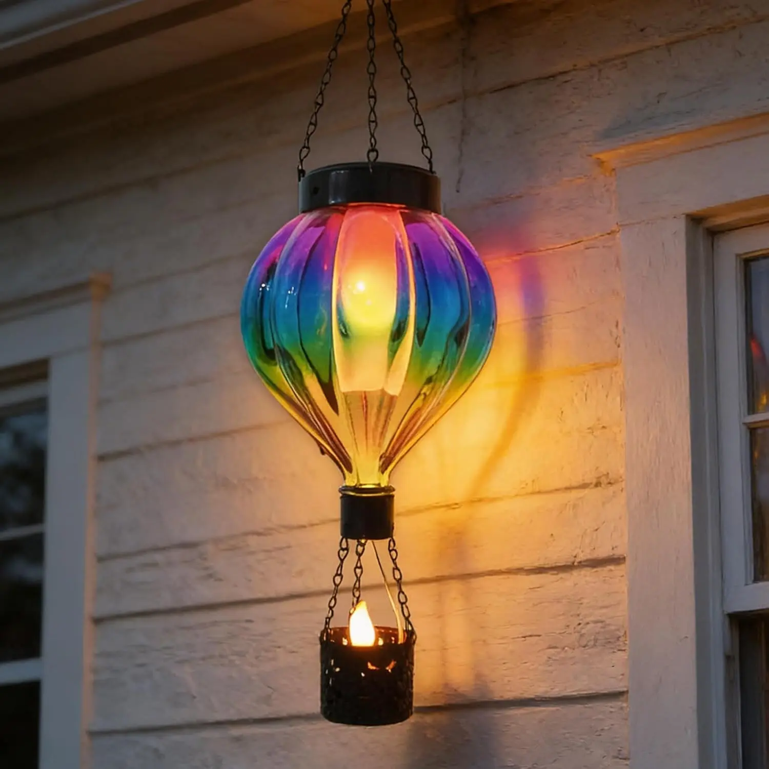 Rainbow Hot Air Balloon Solar Lantern, Flickering Flame, Waterproof Glass, Outdoor Decor, Garden, Patio, Yard, Holiday Decor, Unique Gift