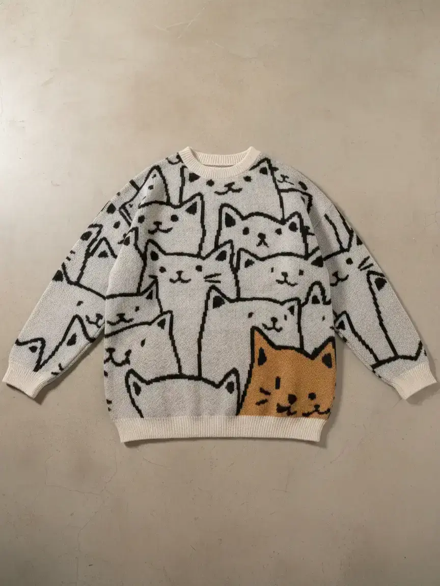 Unisex Men's All Over Cat Print Drop Shoulder Sweater, Cute Casual Long Sleeve Round Neck Jumper for Spring & Fall, Fashion Men's Knitwear for Daily Wear, Casual Comfy Knitted Pullover, Knit Sweater Clothing, Menswear