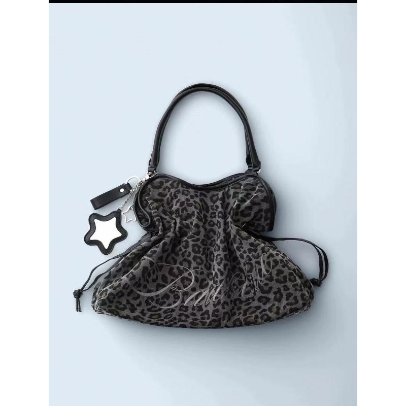 Embroidered Leopard Print Tote Bag, Star Mirror Pendant, Sweet Shoulder Bag