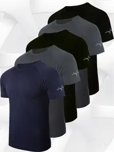 5-Pack Men's Casual Round Neck Solid Color T-Shirts, Short Sleeve Mesh Breathable Moisture-Wicking, Suitable for All Seasons, Gym Wear