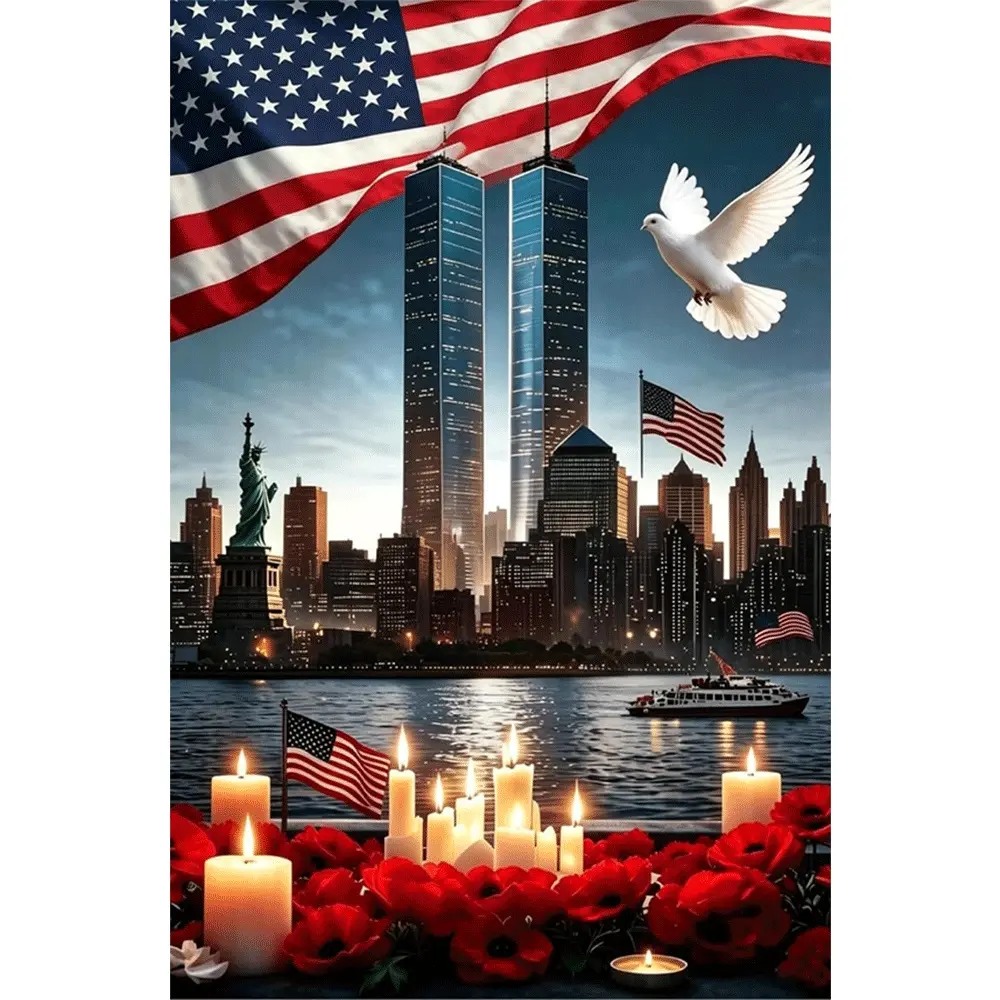 1PC,2D American Flag and World Trade Center Diamond Painting Kit with Statue of Liberty Cityscape Dove and Candle Design for Adults DIY Rhinestone Craft Home Decor Memorial Art Gift