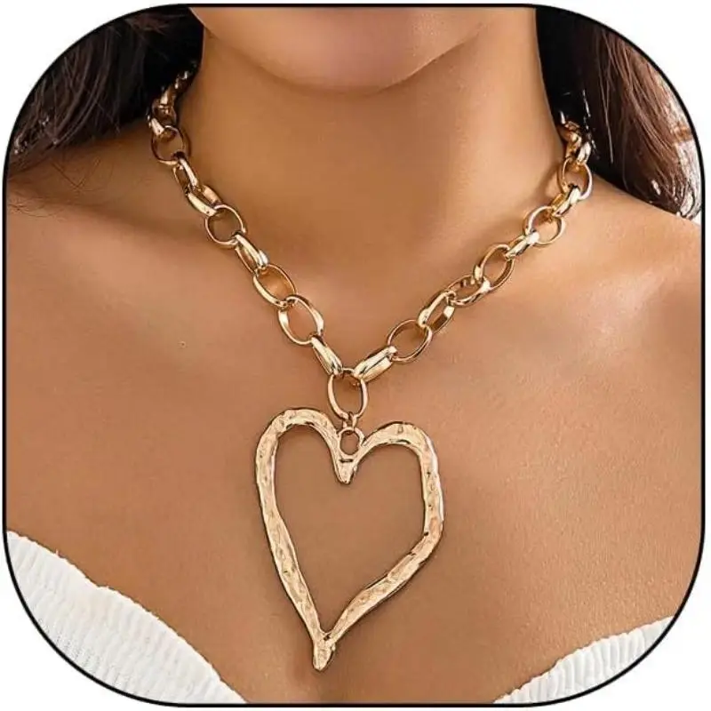 Puffy Heart Pendant Necklace for Women, Thick Chain Statement Jewelry, Adjustable Fashion Choker Accessory for Daily Wear and Layered Styling