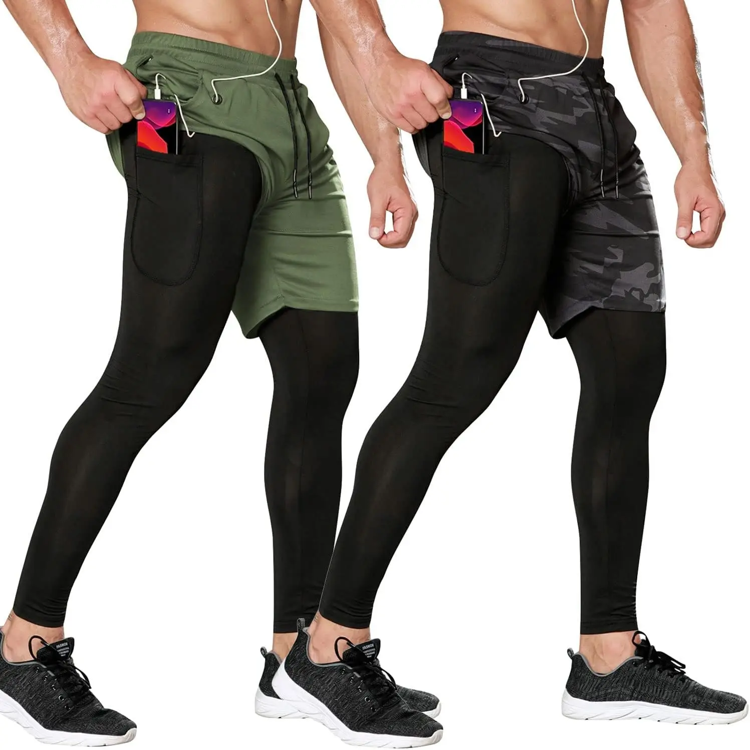 2 Pack Mens Compression Running Pants, 2 in 1 Quick Dry Athletic Workout Sweatpants Shorts Gym Leggings with Pocket