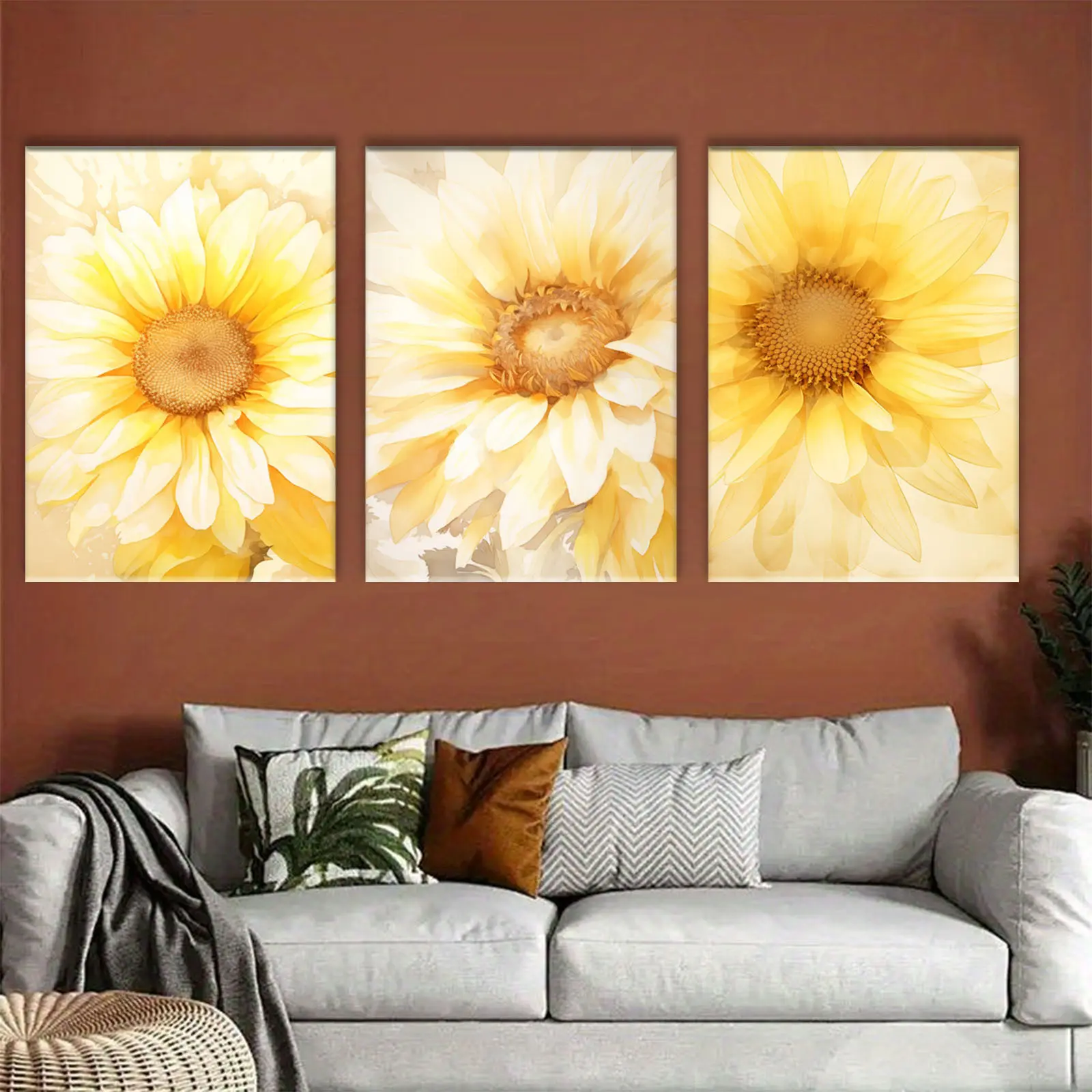 3-piece framed set - Triple Sunflower Canvas Wall Art Theme Canvas Wall Art Framed Painting Clearance Sale, 2D Flat, suitable for Halloween, Christmas, Winter and Summer, luxurious interior decoration, suitable for him/her, bedroom, living room, bathroom,