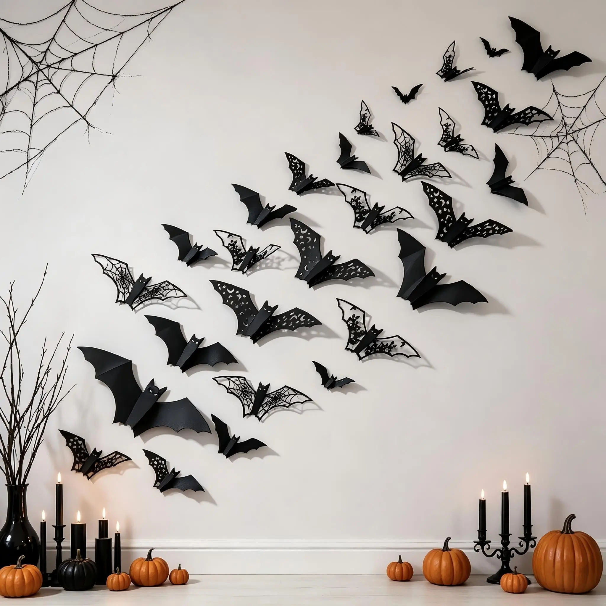 Set of 24 Halloween 3D Bat Decorations, Cut-Out Bat Wall Decals, Spooky Paper Bat Stickers, Indoor Party Decorations, Bat Wall Decals