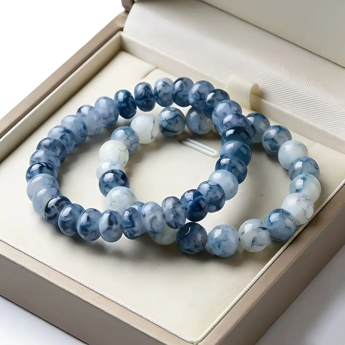 2pcs/set Handmade Blue White Ceramic Beaded Bracelet Set, Shiny Durable Stylish Accessory Jewelry Gift, Unique Couple Friendship Bracelet, Elegant Daily Wear for Party Wedding Festival, Beautiful Bracelet for Women Men Birthday Christmas Gift