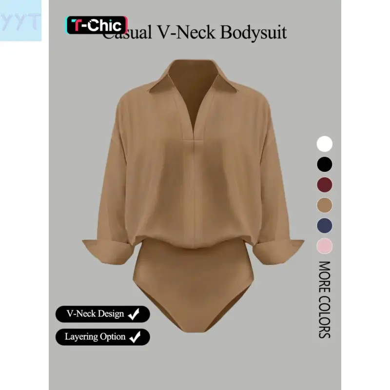 YYT1 Women's Solid V-Neck Long-Sleeve Shirt-Style Jumpsuit - Casual Chic Look, Lightweight Woven Fabric, Tailored Cut, All-Season Layering, Machine Washable, Lightweight Fabric