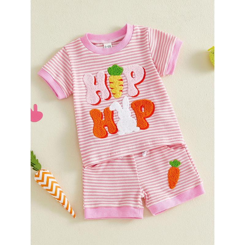 Toddler Baby Little Girl Easter Shorts Set Short Sleeve Carrot Bunny Letter Embroidery T-Shirt and Shorts Outfits 0-3 Years