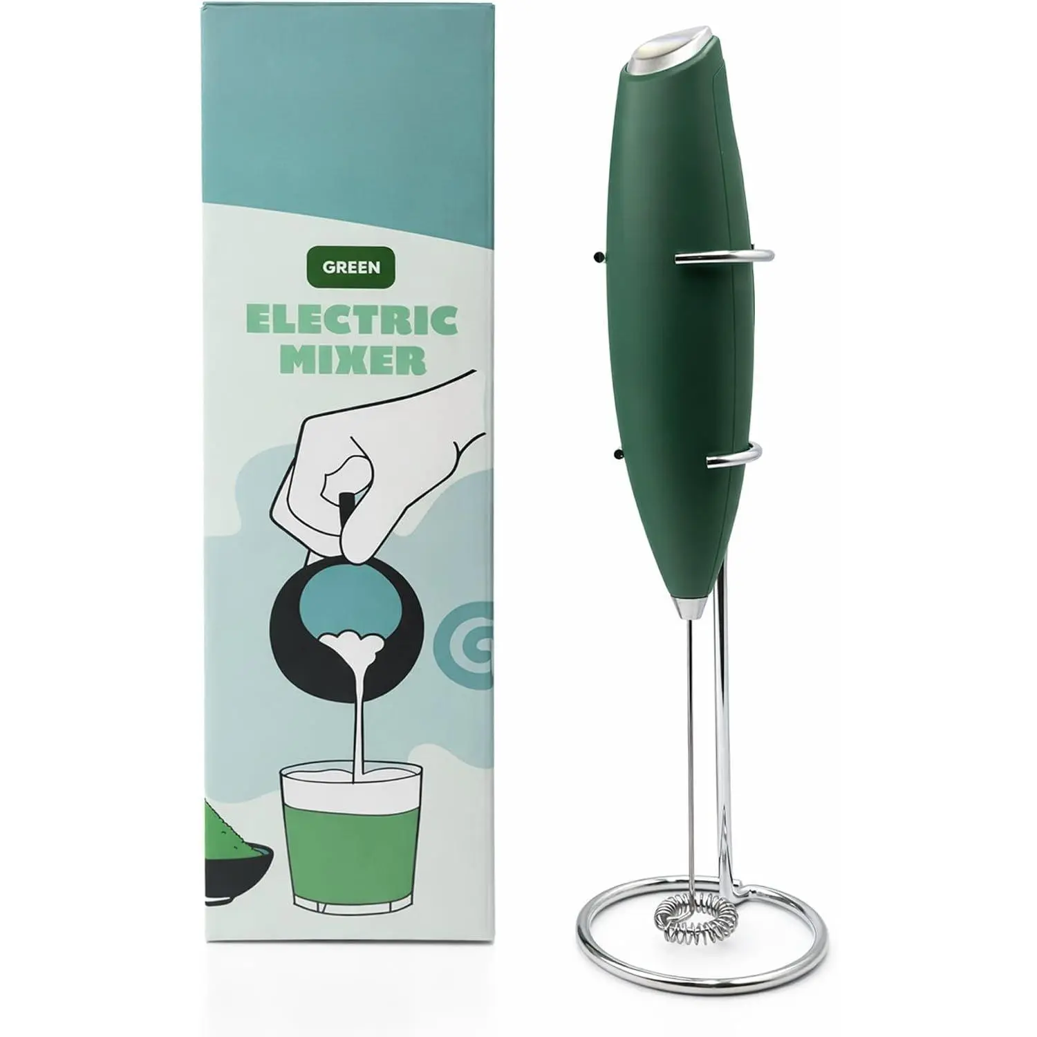 Handheld Milk Frother, Stainless Steel Electric Drink Mixer with Stand,  Operated Coffee Frother for Lattes, Matcha, Hot  and , Green