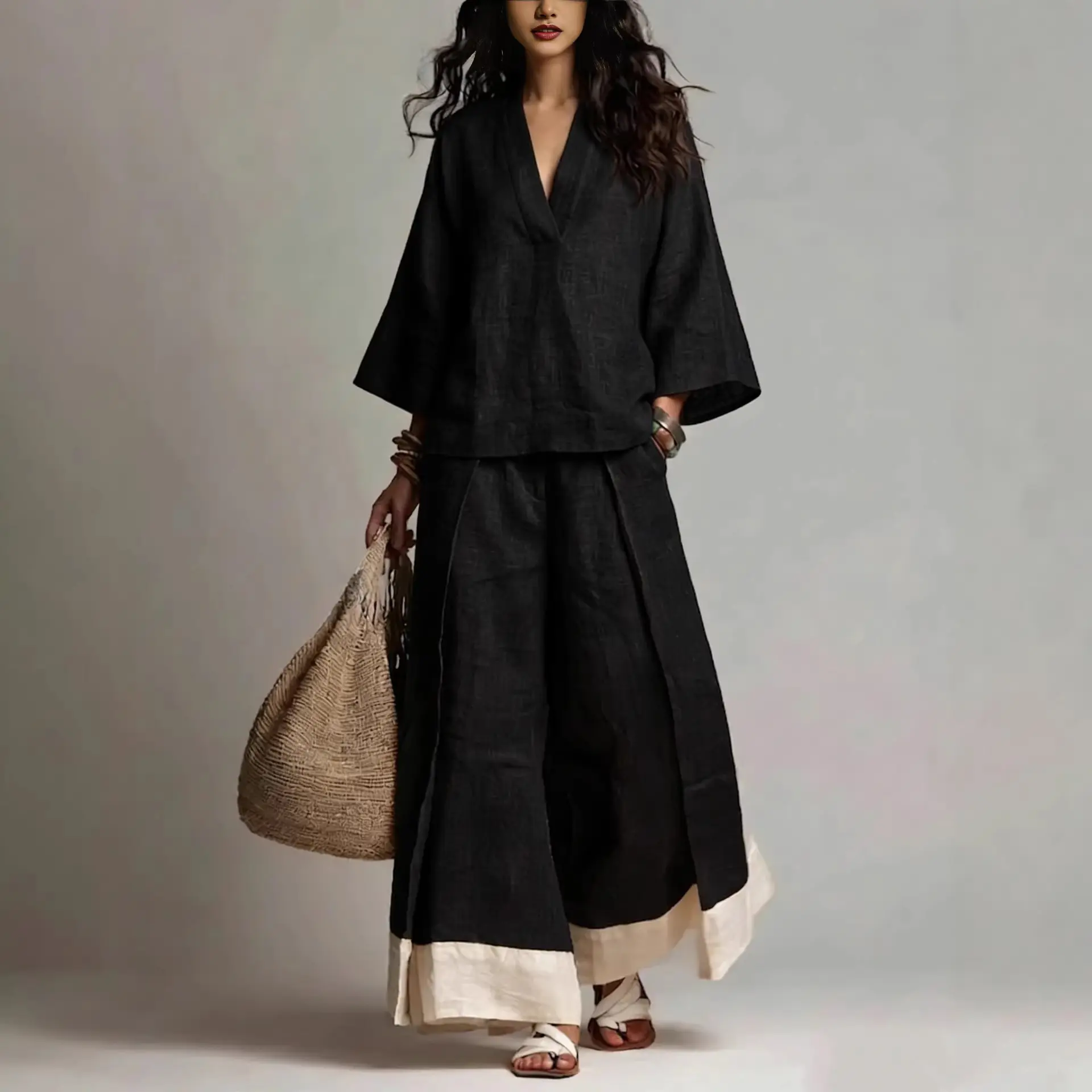 Women's Comfortable Solid Basic Linen-Look V-Neck 2-Piece Garment Set - 3/4 Sleeve Relaxed Blouse, Contrast Hem Wide-Leg Denim Pants, French-Inspired Resort Casual Elegant Clothes for Beach Everyday Wear