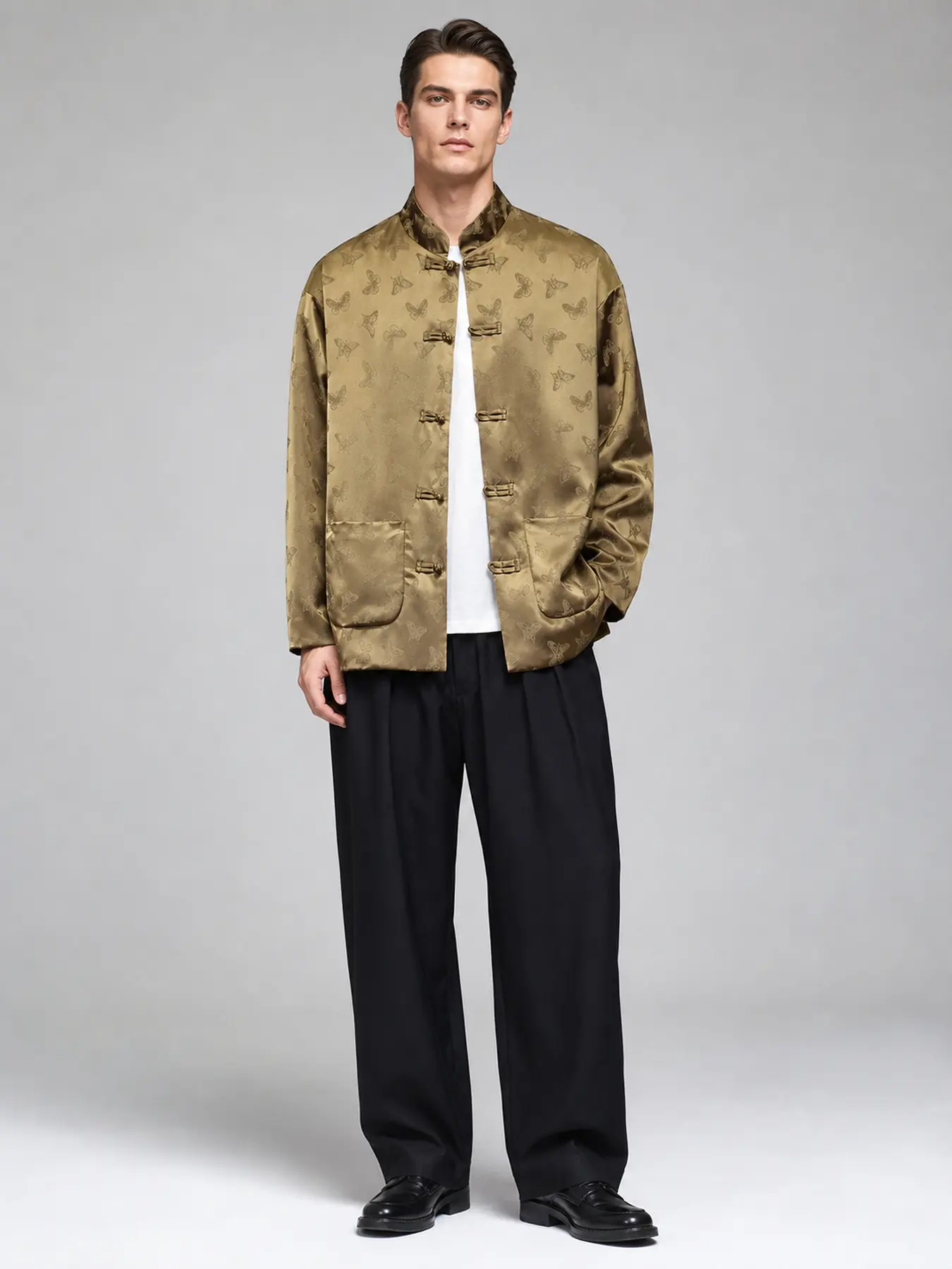 1 PC Men's Long-Sleeved New Style Chinese Collar Shirt, featuring butterfly jacquard and matching Chinese-style buttons. This traditional Chinese dress coat is comfortable and breathable, suitable for daily commuting and formal occasions.