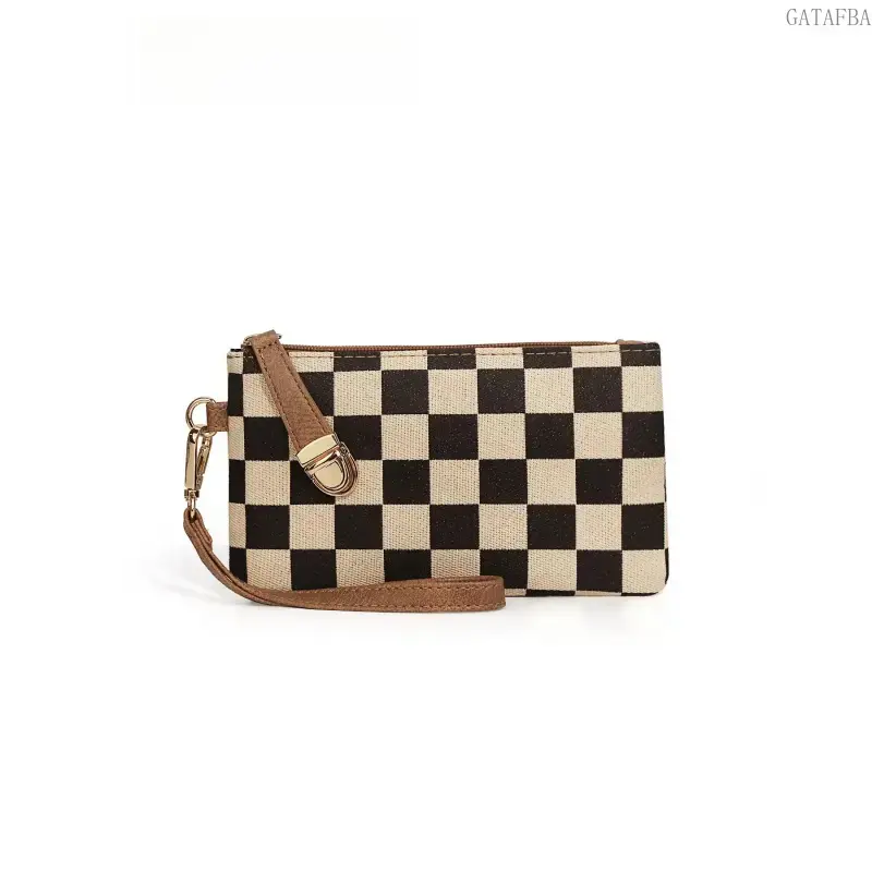 Checkerboard Wristlet Wallet for Women, Minimalist Zipper Clutch Purse with Detachable Strap, Lightweight Casual Card Storage Handbag, Daily Versatile Clutch Bag