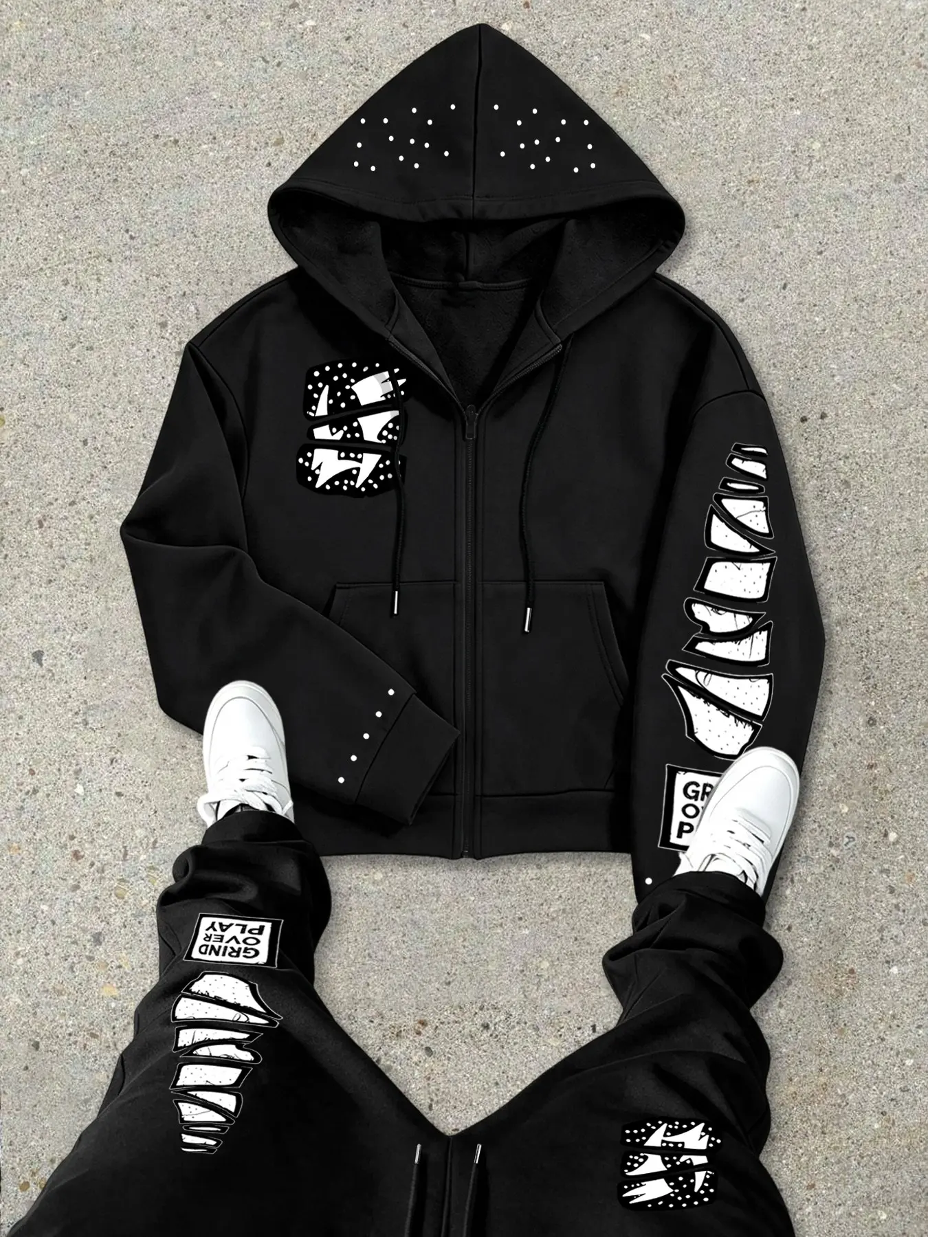 Men's Fall Winter Street Style Two-Piece Set, Zipper Hoodie Jacket with Wide Leg Sweatpants, Trendy Hip-Hop Fashion, Casual Men's Clothing