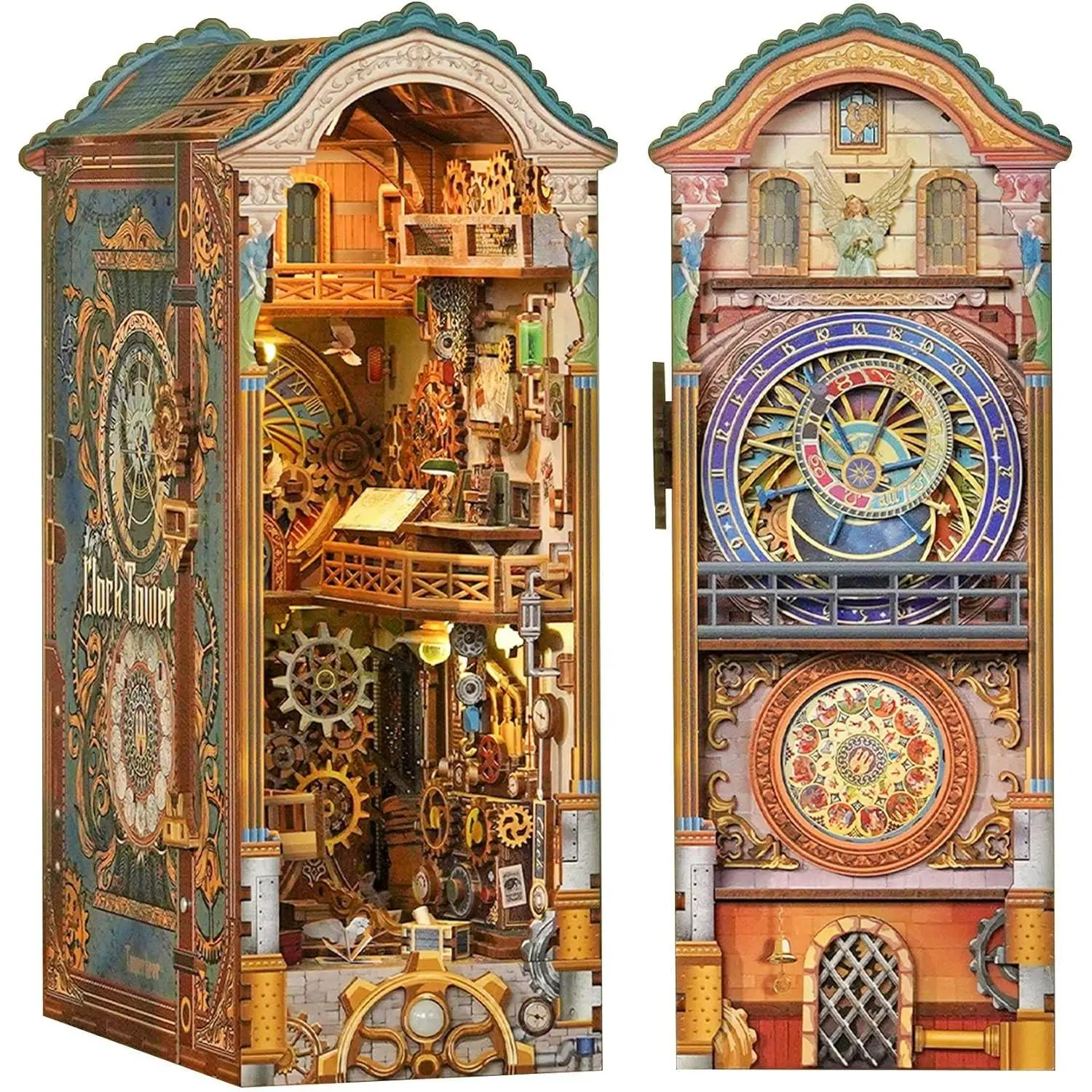 DIY Book Nook Kit for Adults, 3D Wooden Puzzle Bookend Miniature House Kit, Booknook Bookshelf Insert Decor with Dust Cover and LED Lights Gifts (Clock Tower)