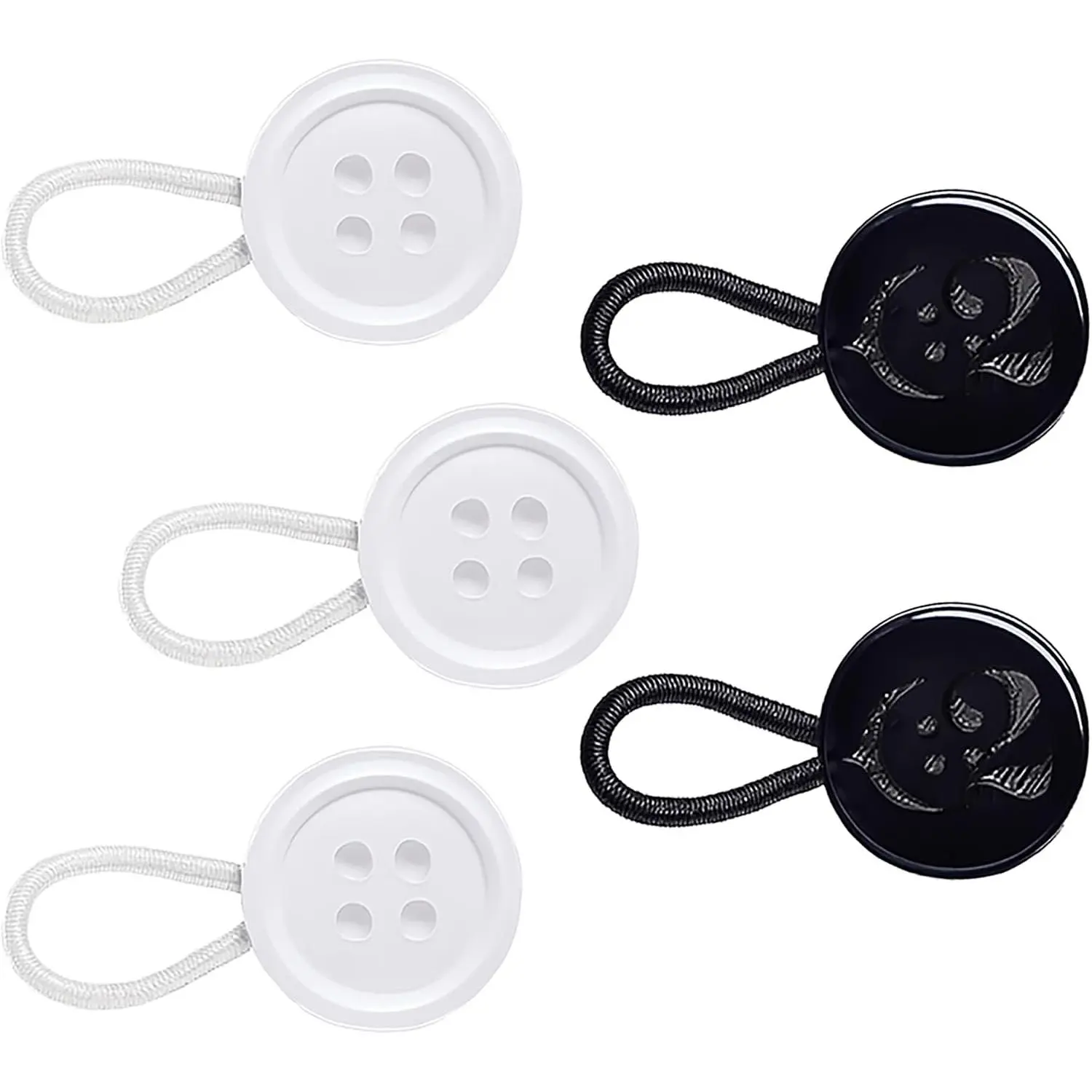 5 count Shirt Button Extenders - White & Black - S/M/L - 16L | Adds up to 1.3cm/0.51in - 2.5cm/0.98in, with 10mm/0.39in Diameter Buttons, elastic fit, 3 sizes