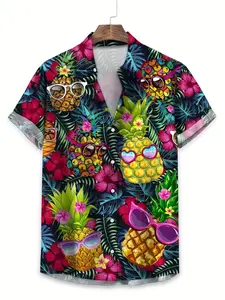 Hawaiian Pineapple Floral All-Over Print Men's Short Sleeve Shirt, Colorful Fun Fruit Pattern, Casual Loose-Fit Summer Travel Top