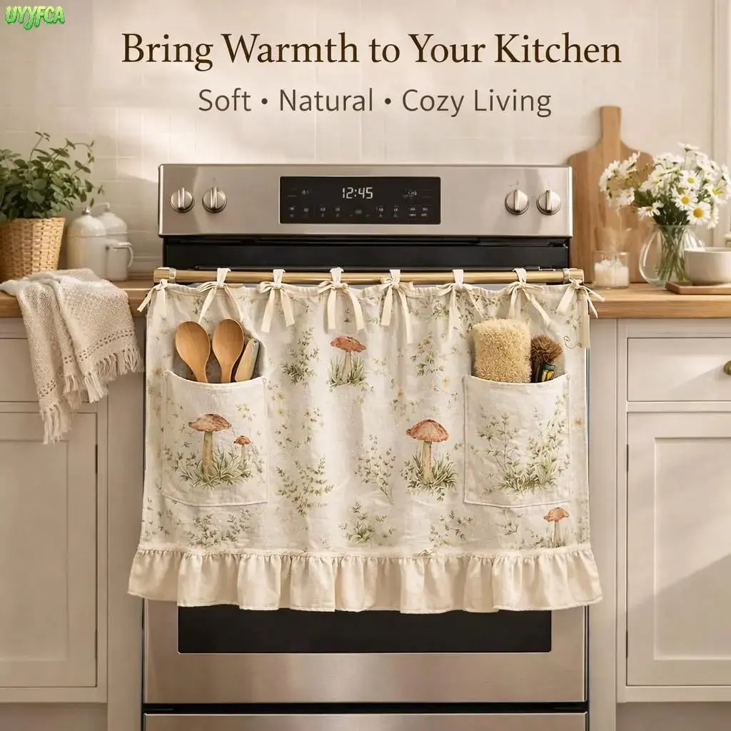 Cottagecore Linen Oven Skirt Curtain with Mushroom Print, Ruffled Hem and Storage Pockets - Machine Washable Farmhouse Kitchen Concealer, Washable Linen, Bow Tie Hanging, Cover, Decor, Flowers, Cozy Touch, Room Decor tiktokshopbacktoschool, Rustic