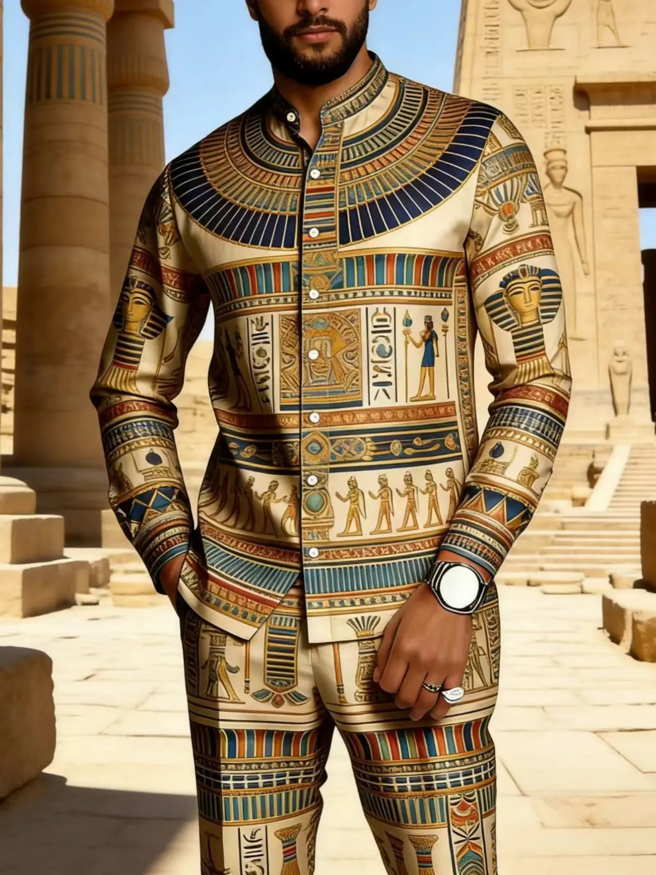 Men's fashion two-piece casual set: long sleeved shirt and long pants, Trouser set, multi-color stand up collar set, suitable for parties, spring, summer, autumn wear, multifunctional, versatile for daily wear, men's fashion