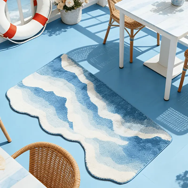 Simple modern wave texture living room sofa area plush special-shaped carpet fresh and natural Coastal Rug light blue and white balcony lounge decoration thickened carpet modern simple wavy edge bedroom bedside entrance door non-slip floor mat