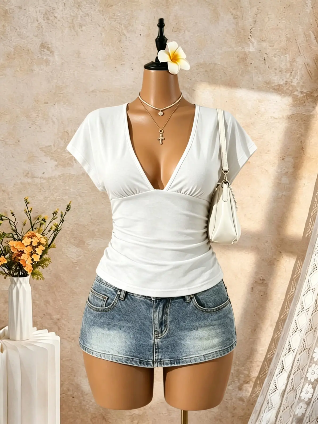 Women's Deep V Neck Pleated Slim Fit Short Sleeve Blouse Shirt Top, Casual Y2K Style Aesthetic Polka Dot T-Shirt, Daily Wear Fashionable Tee