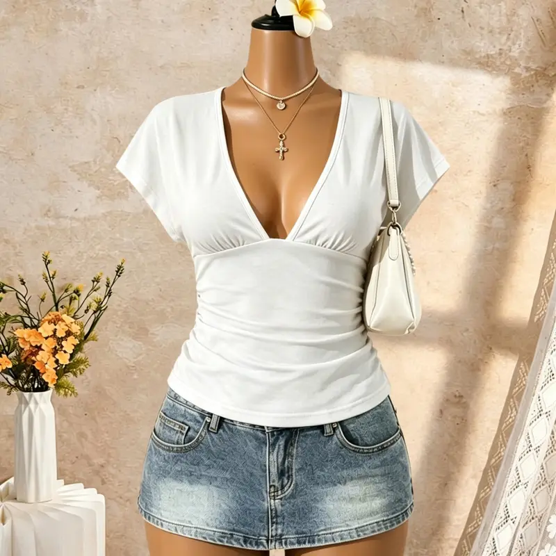 Women's Deep V Neck Pleated Slim Fit Short Sleeve Top, Casual Y2K Style Polka Dot T-Shirt, Daily Wear Fashionable Tee, Daily Wear Tops