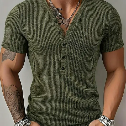 【ROYALBOY】Men's New Striped Textured Deep V Neck Henley Short Sleeve Outdoor Fashion Sport Top, Sexy Slim-Fit Casual Long Clothing