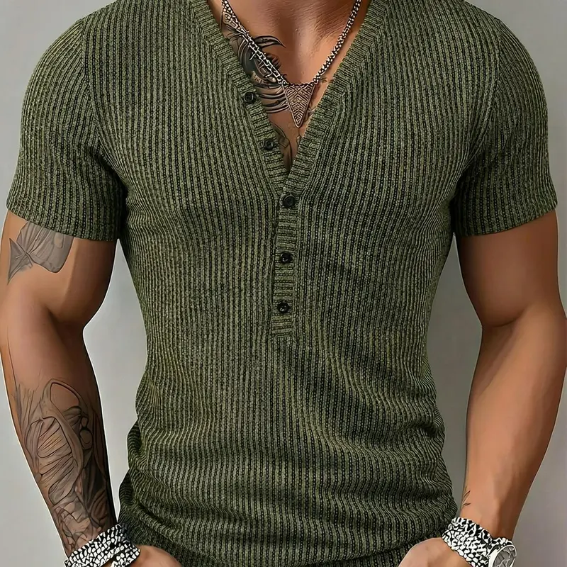【ROYALBOY】Men's New Striped Textured Deep V Neck Henley Short Sleeve Outdoor Fashion Sport Top, Sexy Slim-Fit Casual Long Clothing