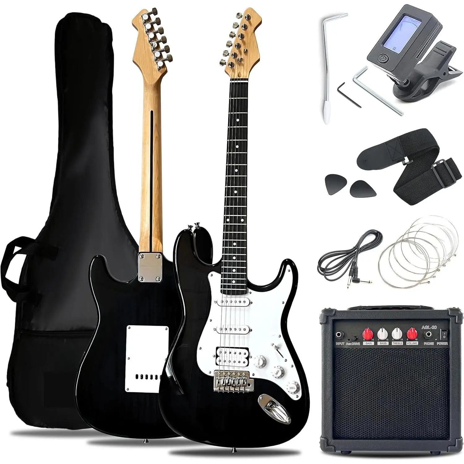 Solid  Electric Guitar Kit with Amp 20W, Strings, Strap, Digital Tuner, Picks, Gig Bag, , Tremolo Bar, 39" Full Size Guitar HSS Pickups Guitarra Electrica Beginner  - Black