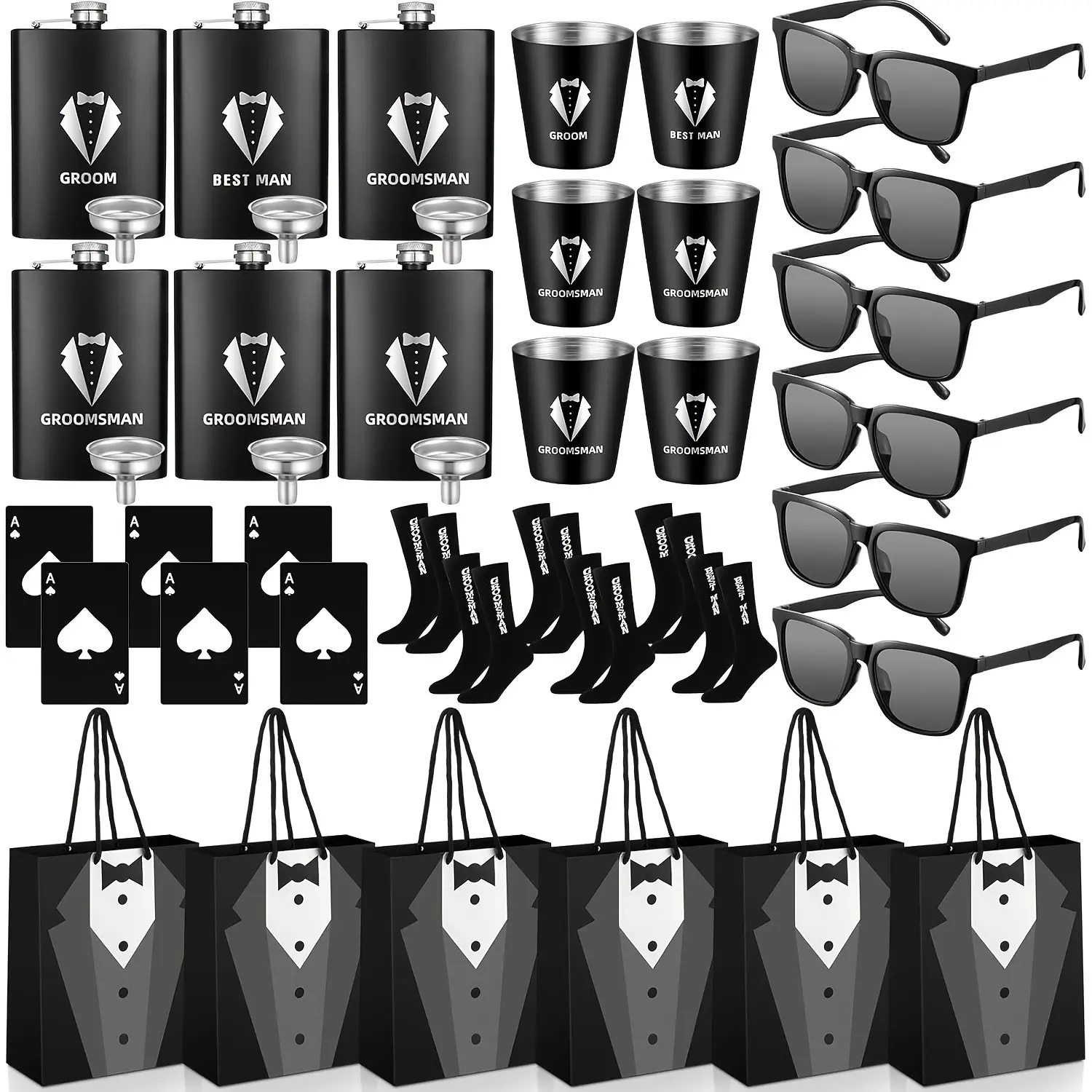 Gift For Her/Him Groomsmen Gifts Box Set Groomsmen Box Stainless Steel Flask Shot Glasses Beer Bottle Poker Card Opener Sunglasses Socks Proposal Gift for Wedding Party