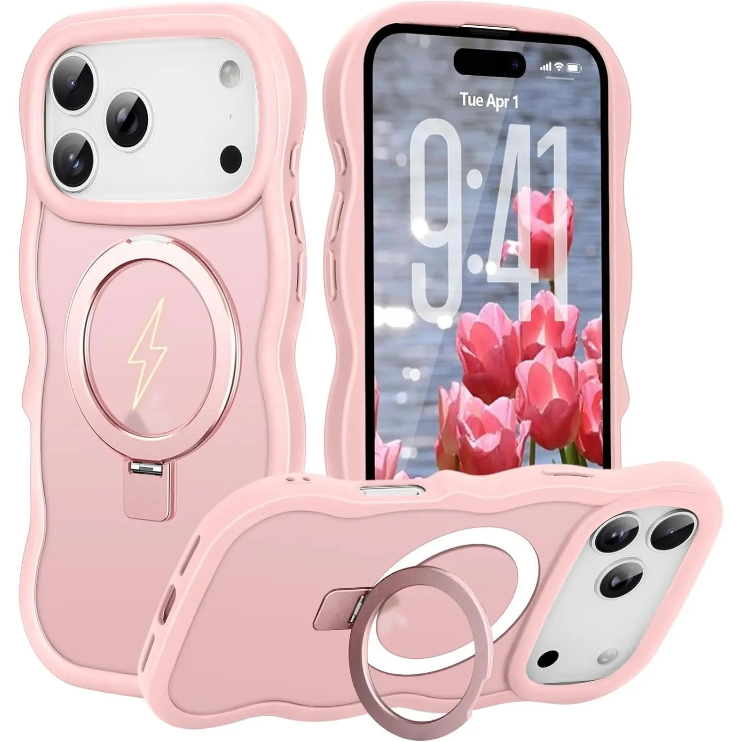 Magnetic MagSafe-Compatible Silicone Case for iPhone 17 Pro - Built-in Invisible Kickstand, Wavy Frame, Cute Translucent Matte Back, Shockproof - for Women, Pink Smartphone Accessories for Handheld Cellphone Devices
