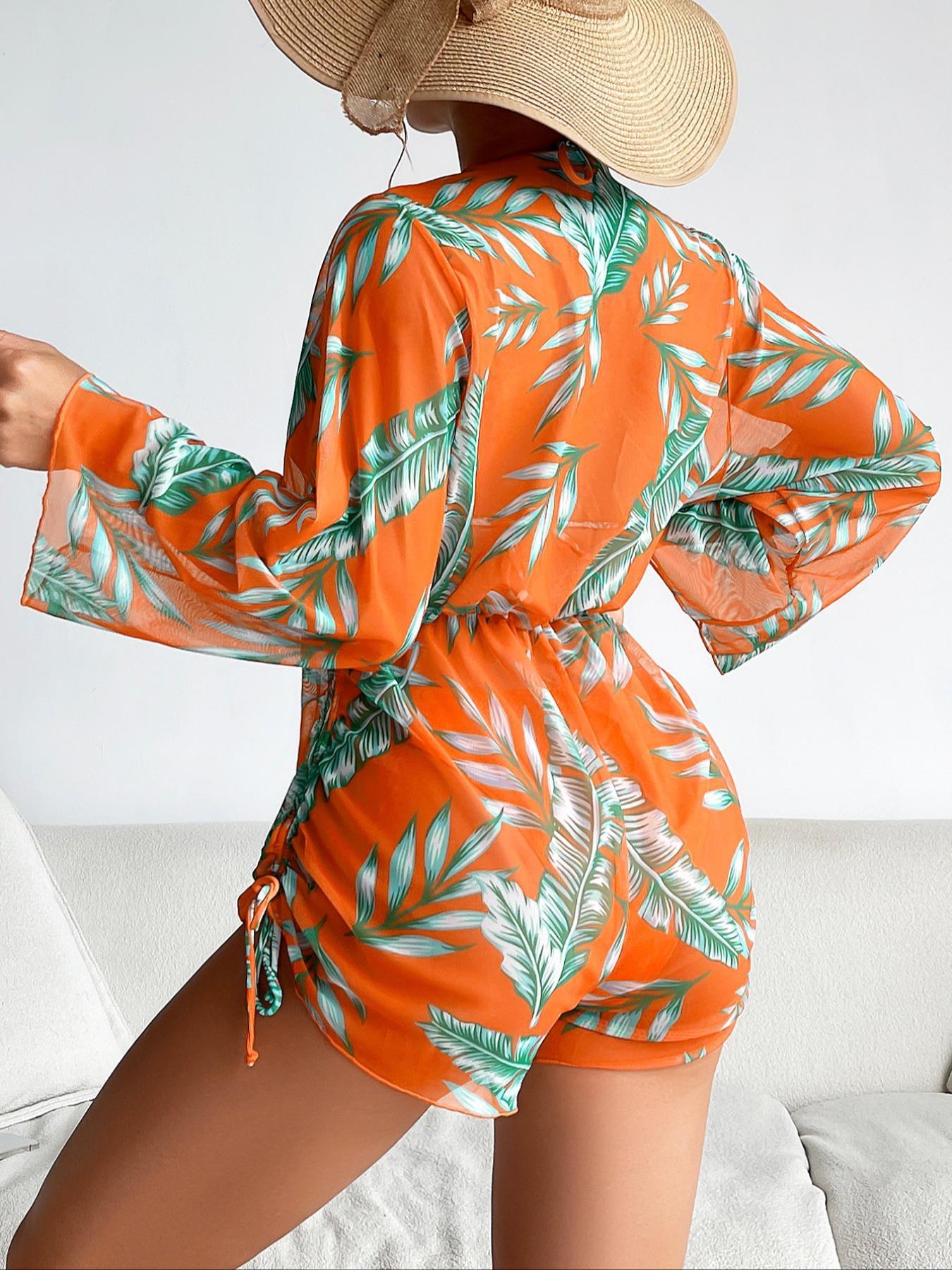 Women's Tropical Print Bikini Set, Halter Neck Tie Back Triangle Bra & Drawstring Side High Waist Romper & High Cut Swim Panty, Women's Beach Swimwear, Halter Bikini Swimsuit, Leaf Print Bikini