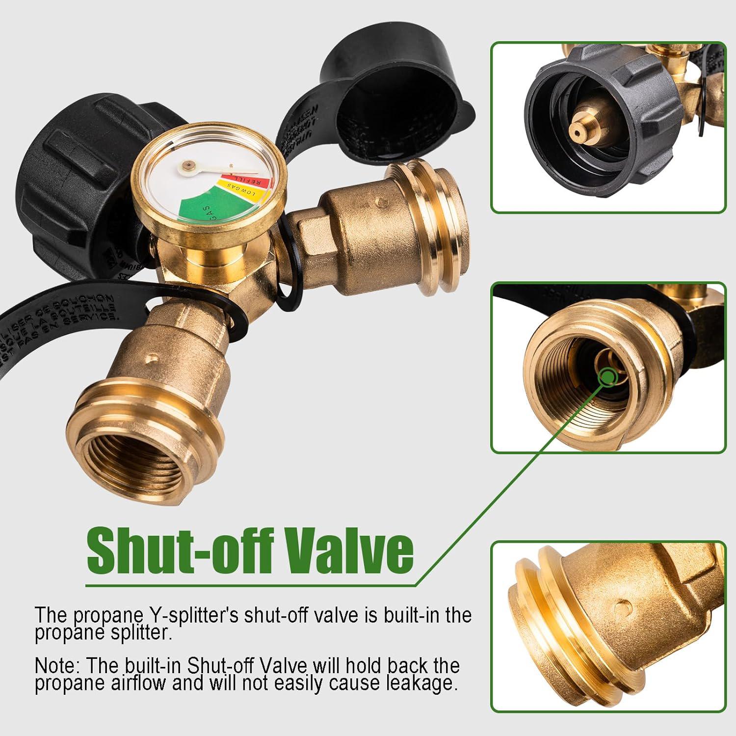 Propane Tank Y Splitter with Gauge and Shut-Off Valve, 2 Way Splitter Adapter Fitting for Gas Grills, Heaters, Camping Stoves, BBQ Griddles, Gas Burners