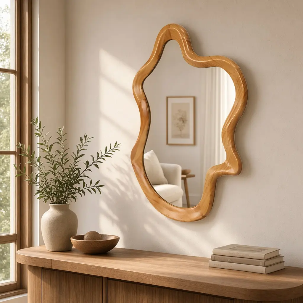 Irregular Shaped Wall Mirror with Natural Wood Frame, 33.46x22.24 Inch Unique Design Mirror for Bathroom Bedroom Living Room Entryway, Distortion-Free Clear Reflection, Organic Wood Frame Art Decor