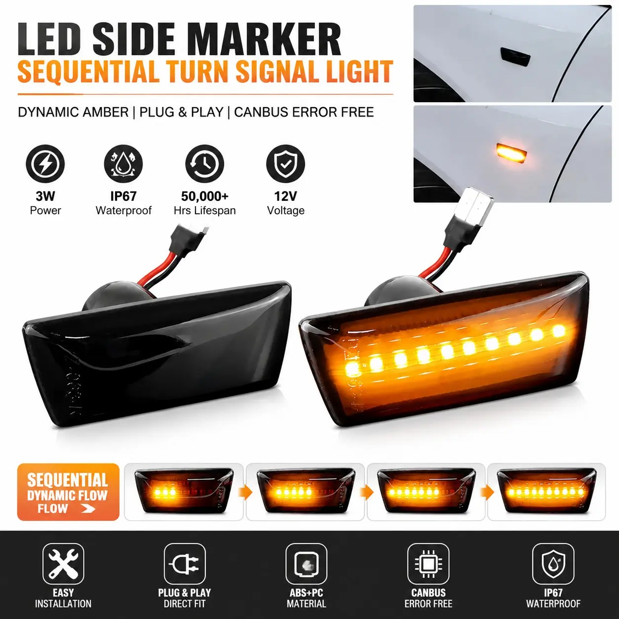 💡🚗2pcs LED Side Marker Sequential Turn Signal Light Dynamic Amber Blinker Lamp Fit Cadillac Buick Opel Chevrolet 12V Plug & Play Canbus Error Free IP67 Waterproof ABS+PC Housing 50000H Long Lifespan Upgrade Sequential Indicator Light