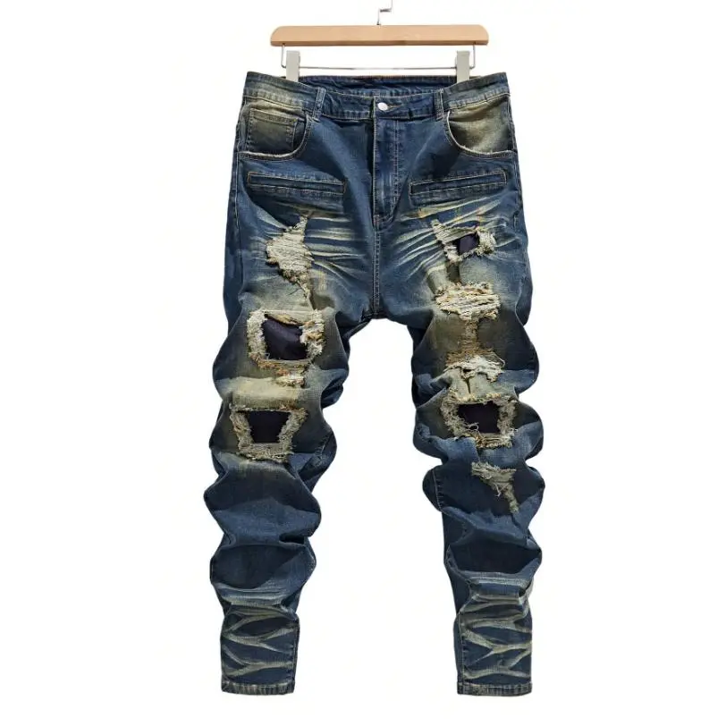 Men's Plus Size Blue Baggy Jeans Heavy Distressed Ripped Patchwork Streetwear Loose Fit Denim Pants
