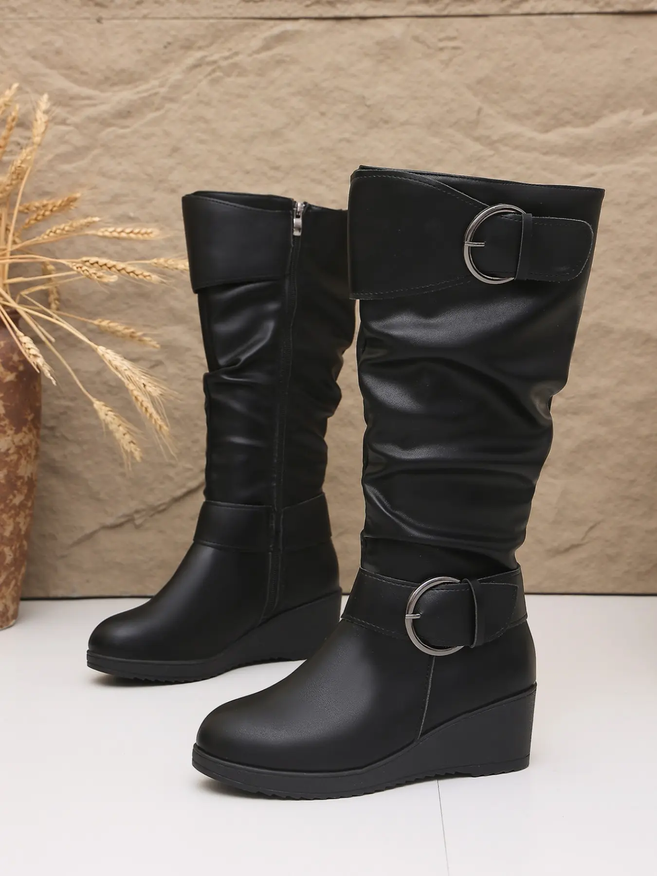 Women's Knee-High Wedge Boots, Artificial Leather Boots, Dual Metal Buckle Side Zipper Tall Boot, Large Size, Fashionable Fall Winter Casual Shoes