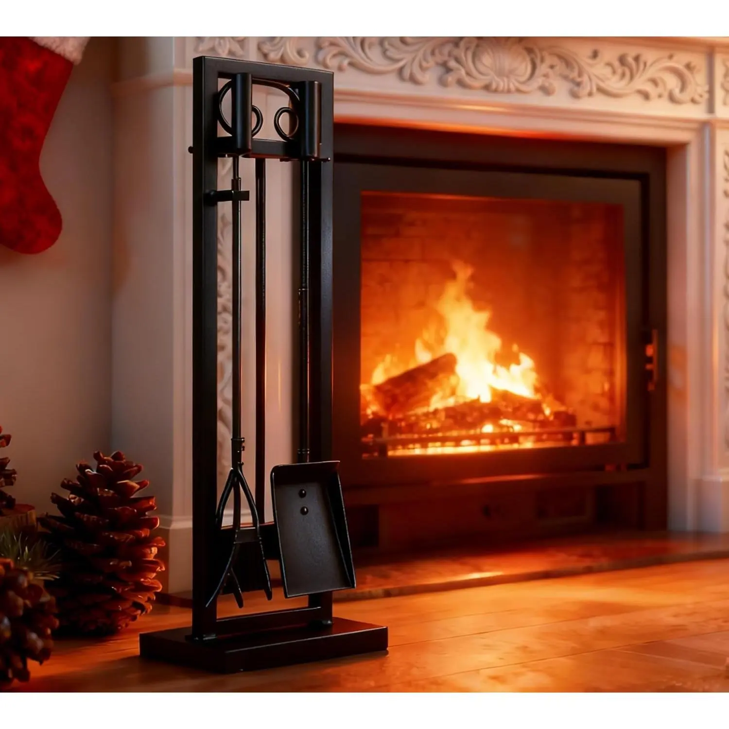 5-Piece Fireplace Tool Set – 30.5" Black Scroll Design Heavy Duty Fireplace Accessories for Indoor & Outdoor Wood-Burning Fireplaces, Fire Pit Tools