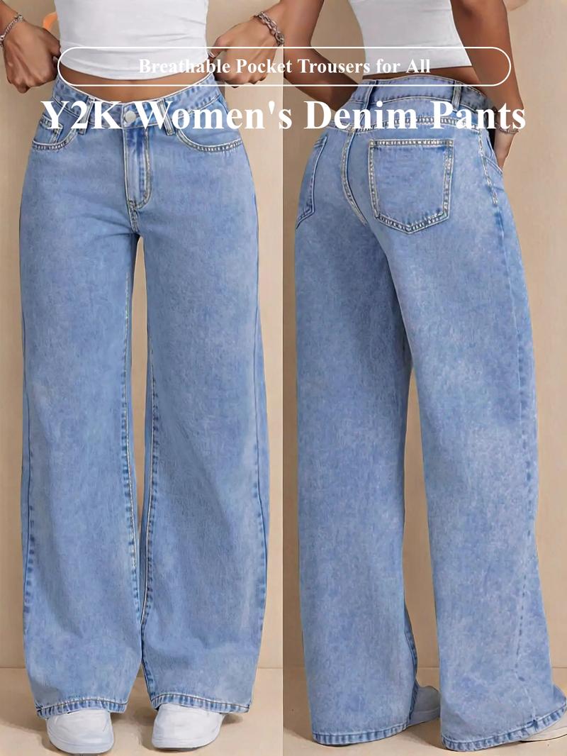 GILIPUR Y2K Women Front Button Pocket Straight-Leg Casual Denim Jeans For Daily Wear Ladies Pockets Bottoms For All Seasons Baggy Pants Streetwear Low-Rise Non-Stretch Jeans Stacked Jean All-Season Comfortable Fit