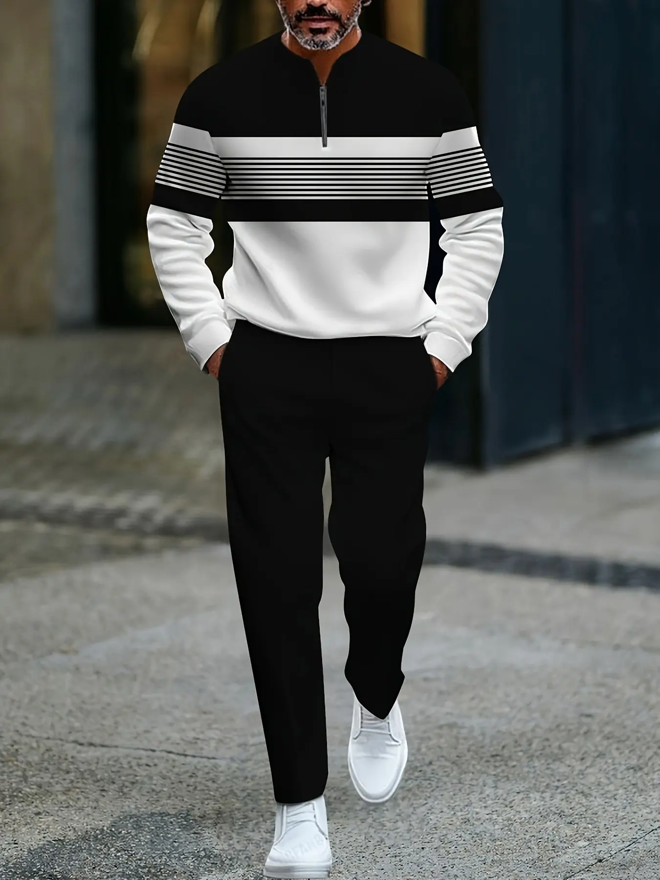 Men's Striped Zipper Sweatshirt Casual Sports Set, Spring & Fall Long Sleeve Top with Slim Fit Pants, & Fashionable Men's Clothing