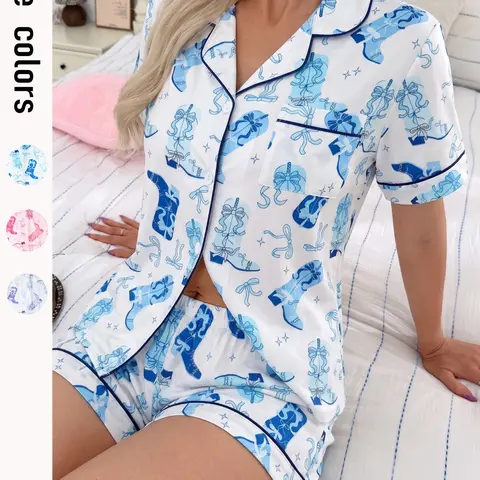 Women's All Over Print Crop Top & Shorts Pyjama Set, Casual Comfy Short Sleeve Collared Top & Shorts Matching PJ Set, Ladies Summer Sleepwear