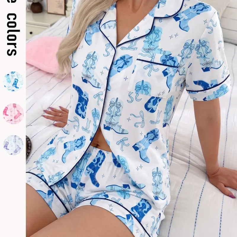 Women's All Over Print Crop Top & Shorts Pyjama Set, Casual Comfy Short Sleeve Collared Top & Shorts Matching PJ Set, Ladies Summer Sleepwear