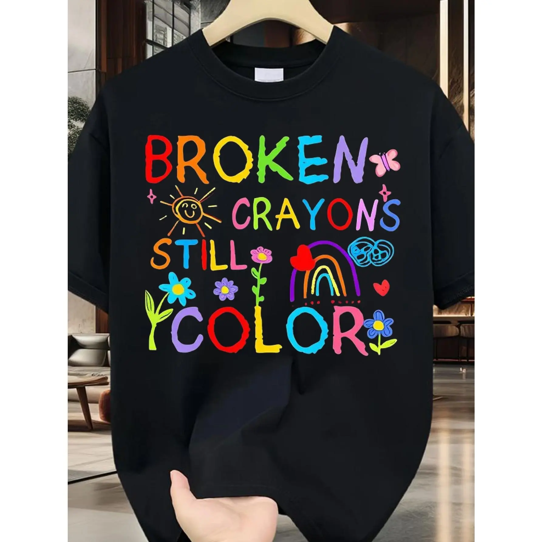 Unisex Mental Health Awareness Tshirt - Soft Breathable All Over Print Graphic Tee with Colorful Crayon Design, "Broken Crayons Still Color" Slogan, Lightweight Round Neck Short Sleeve Sports Top for Daily Wear