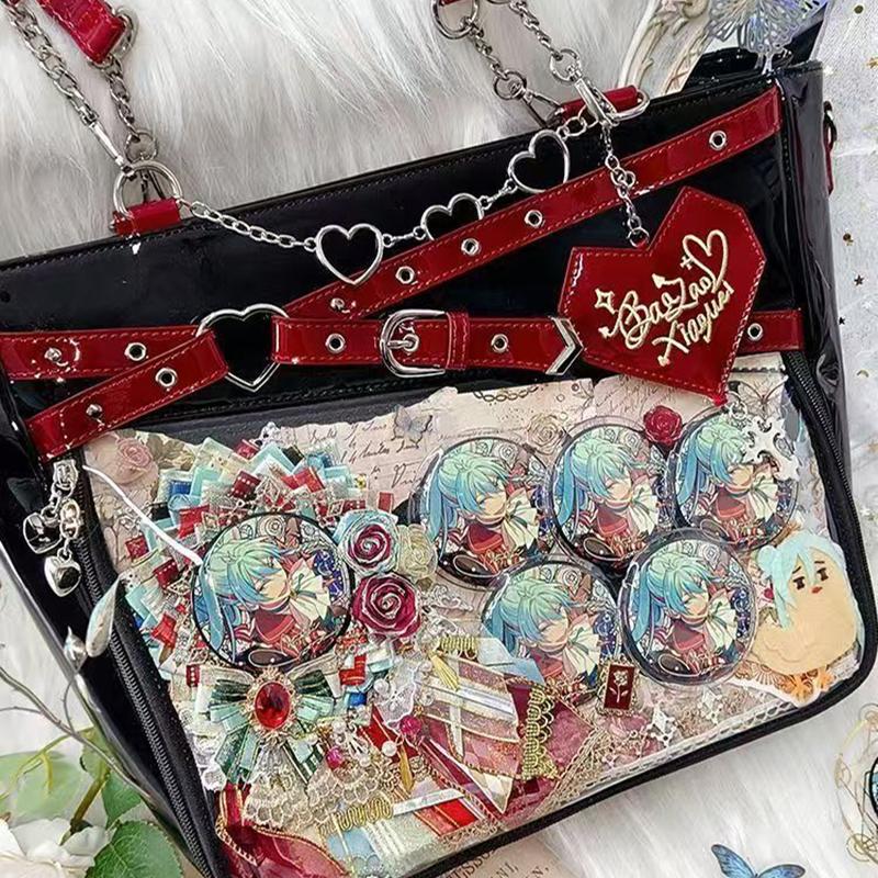Fashion Y2k Hot Girl Transparent Ita Bag, Diy Display Bag Heart Chain Decor Handbag, Streetwear Large Capacity Crossbody Bag