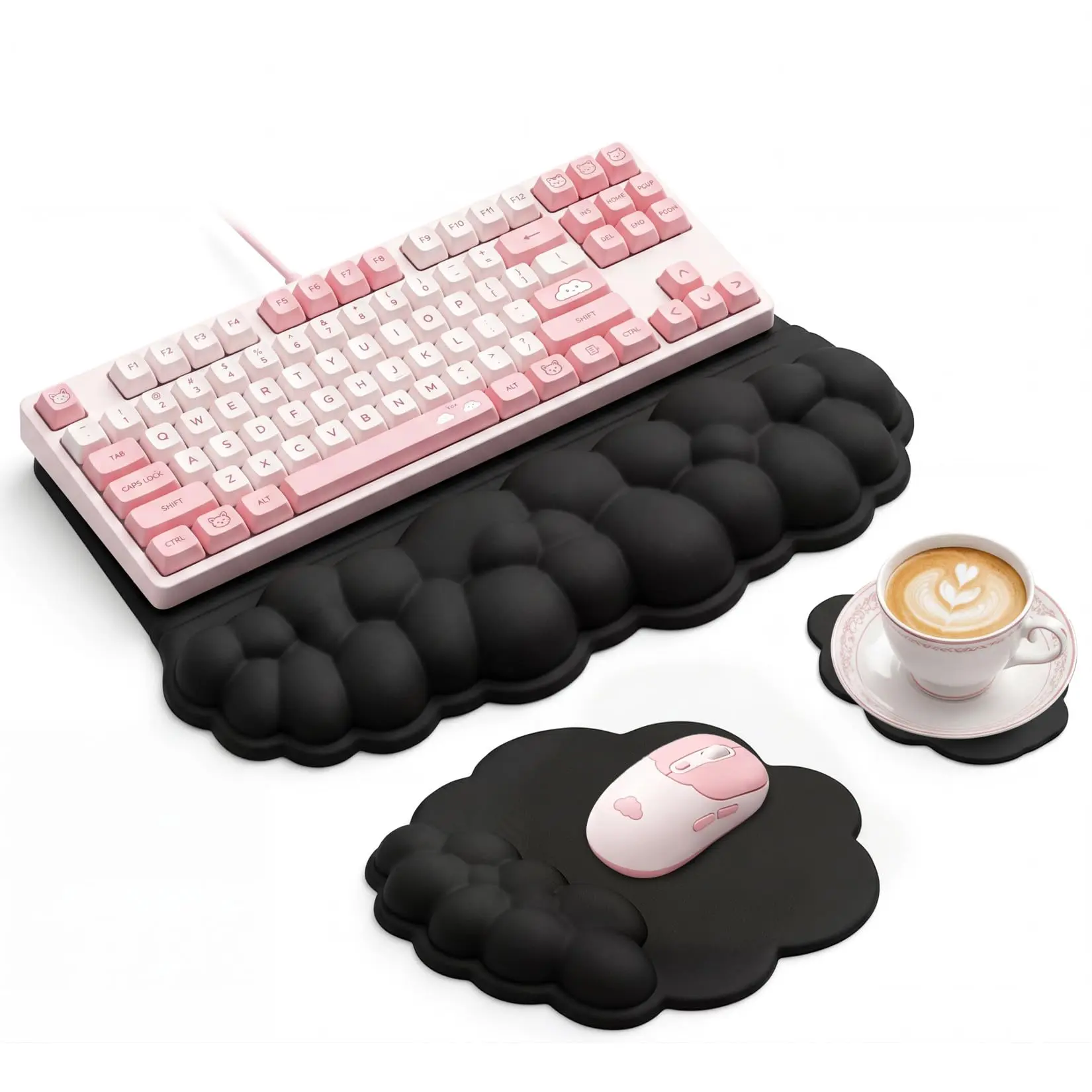 Cloud Shape 3-in-1 Ergonomic Keyboard Mouse Wrist Rest Set - Memory Foam Wrist Support with PU Leather Surface, Non-Slip Base for Office Gamers' Pain Relief