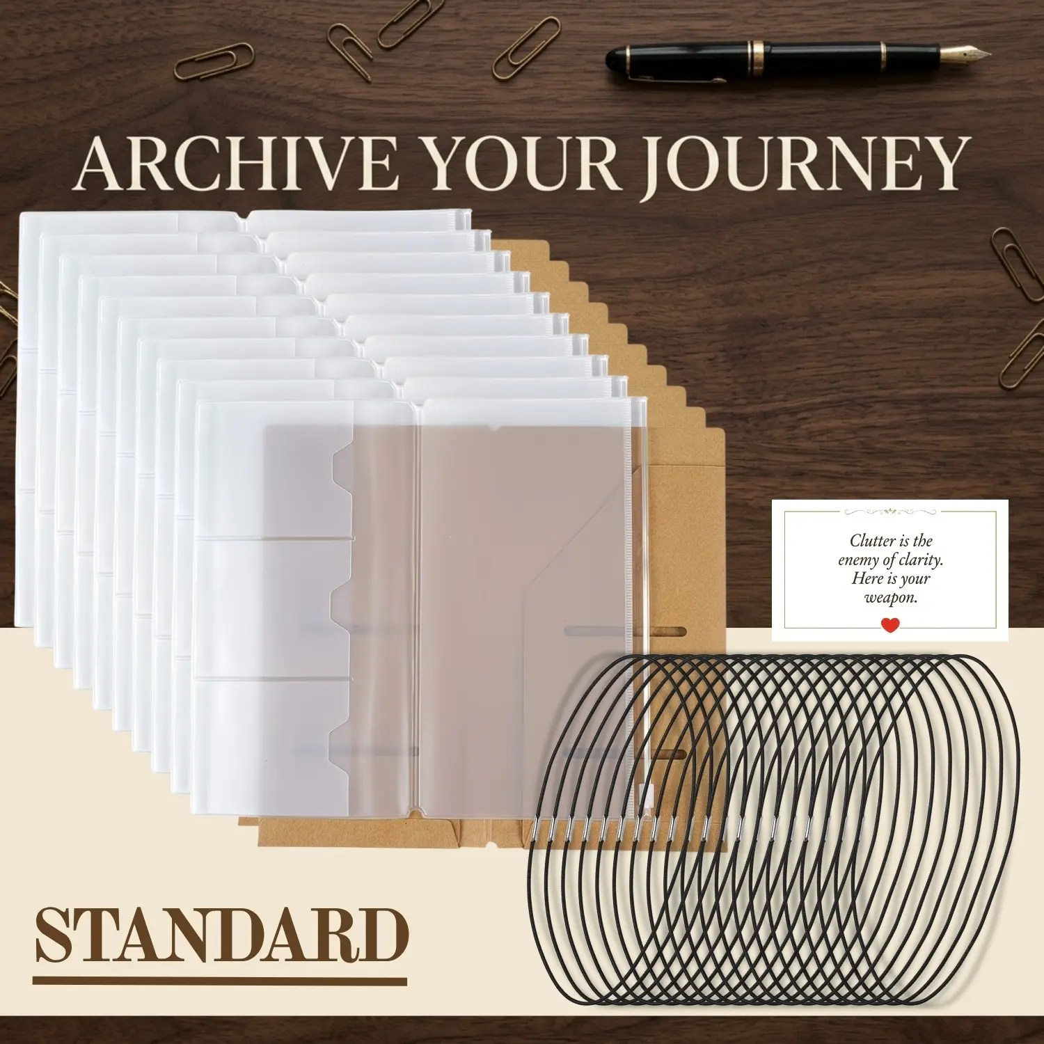 TN Standard - The Ephemera Vault: No-Hole Travelers Notebook Refills | Vintage Journaling Insert Kit, Kraft Folders & PVC Zipper Pouches