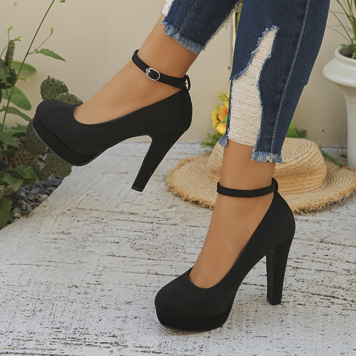 Black Velvet Heel Pumps with Ankle Strap - Professional Women's Dress Shoes, Round Toe Platform Heels Work & Events, Comfortable Faux Cover Lining, Rubber Sole, Hand Wash or Dry Clean, Stiletto Heels