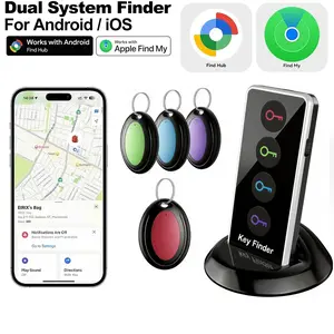 Four in one wireless key finder, suitable for IOS or Android, used for luggage search My credit card (about 40 meters) working range, suitable for keys, wallets, remote controls, glasses, pets, 1 transmitter+4 receivers, with base and flashlight