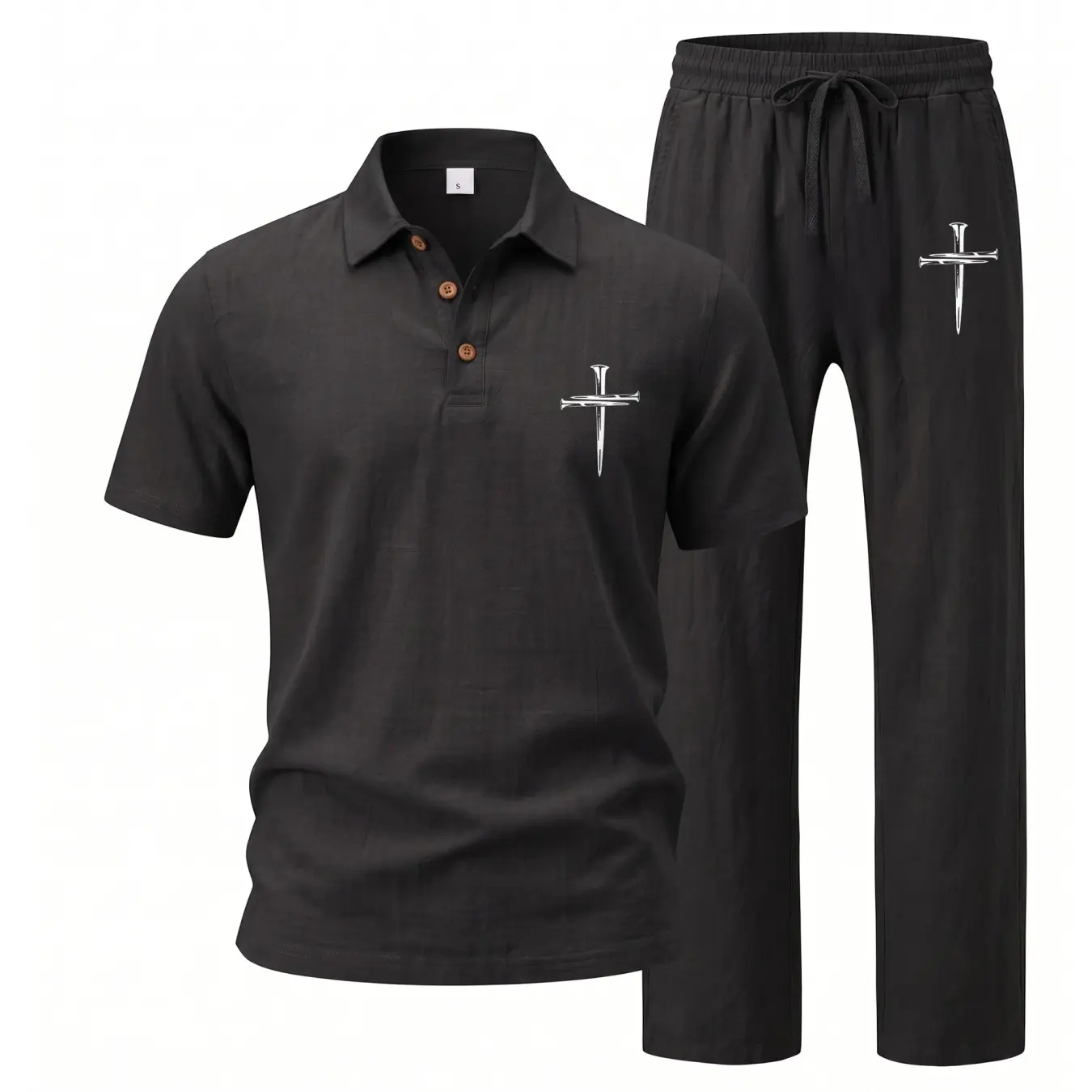 Men’s Minimalist Soft Linen Blend 2-Piece Menswear Set - Short Sleeve Polo Shirt, Athletic Trouser Outfit with Faith Graphic, Lightweight Casual for Summer Vacation, Daily Wear