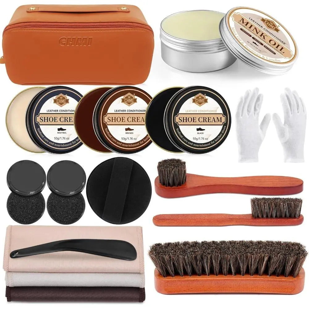 16PCS Leather Shoe Polish Kit,Shoe Shine Kit with Black/Brown Shoe Polish,Shoe Bruhses for Leather Boot Care and Cleaning,Shoe Shine Gifts for Men