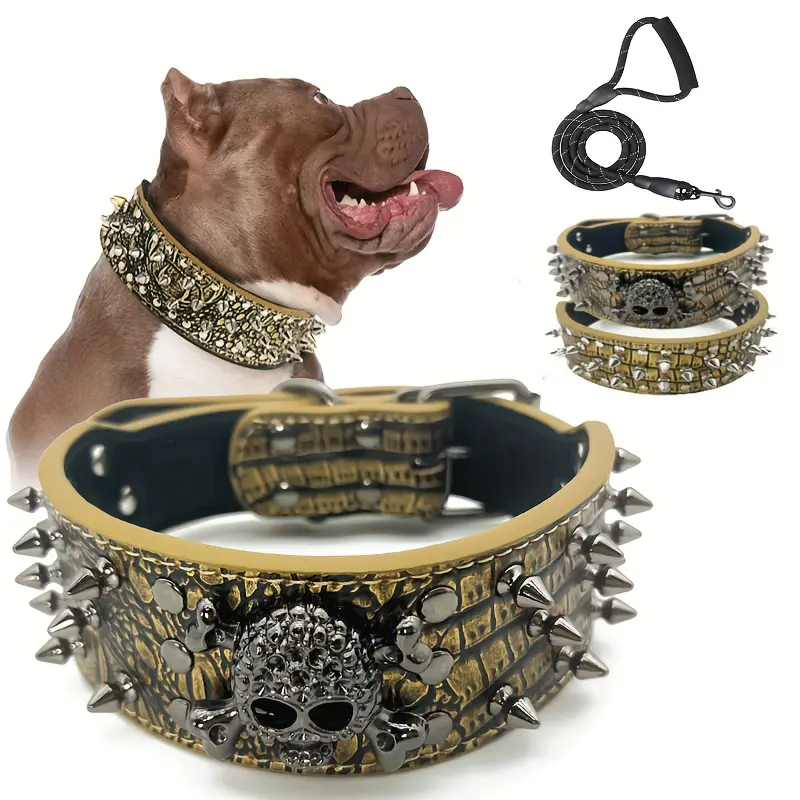 Spiked Studded Leather Dog Collar With Leash, Rivet PU Leather Dog Collar For Training, Walking